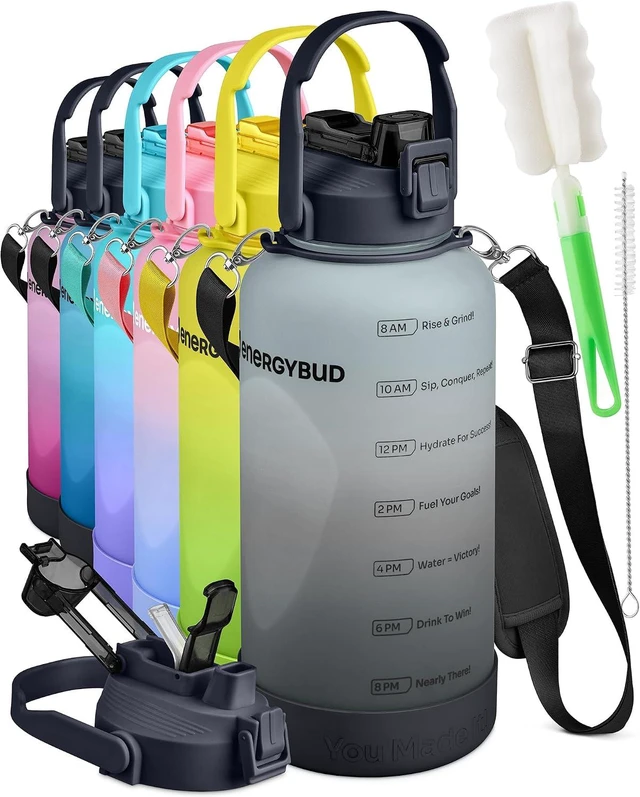 Main image of 1 Gallon Water Bottle With Straw Dishwasher-Safe BPS & BPA Free, 2 Cleaning Brush Motivational 128oz Water Jug with Time Markers, Wide-Mouth Tritan, Gym & Exercise Equipment(Clear & Black)