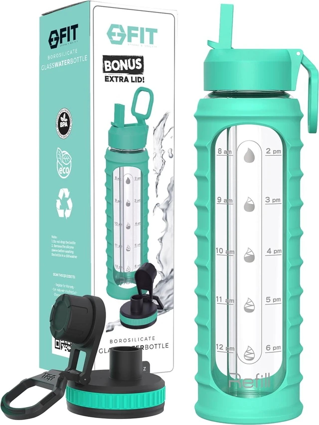 Main image of FIT Strong & Healthy 32 oz Glass Water Bottle with Straw Lid - Wide Mouth Borosilicate Glass Water Bottles with Time Marker, Silicone Sleeve & Extra Lid - 1L Large Motivational Drinking Bottle