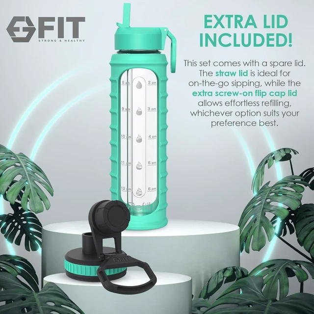 Alt view image 5 of 6 - FIT Strong & Healthy 32 oz Glass Water Bottle with Straw Lid - Wide Mouth Borosilicate Glass Water Bottles with Time Marker, Silicone Sleeve & Extra Lid - 1L Large Motivational Drinking Bottle