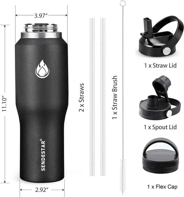 Alt view image 6 of 7 - SENDESTAR 40oz Stainless Steel Water Bottle(Cold for 48 Hrs, Hot for 24 Hrs),Double Wall Vacuum Insulated Bottle with Straw Lid, Spout Lid and Flex Cap, Fit in Any Car Cup Holder,Black