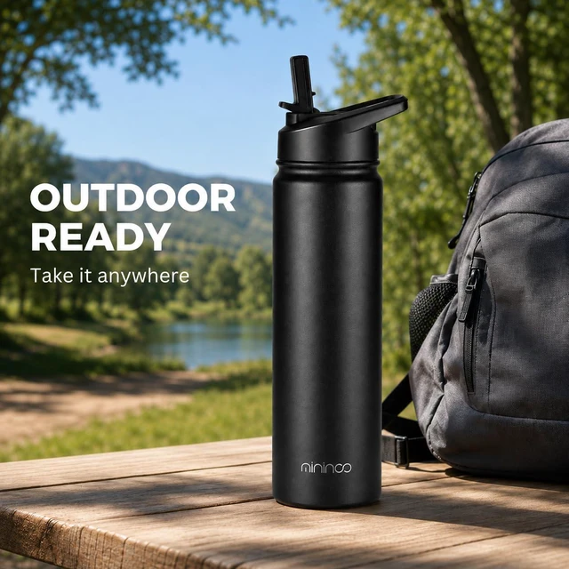 Alt view image 4 of 7 - mininoo Insulated Stainless Steel Water Bottle with Straw and Lid for Sports, 24 oz, Black