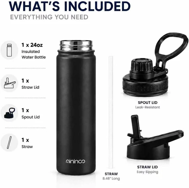 Alt view image 5 of 7 - mininoo Insulated Stainless Steel Water Bottle with Straw and Lid for Sports, 24 oz, Black