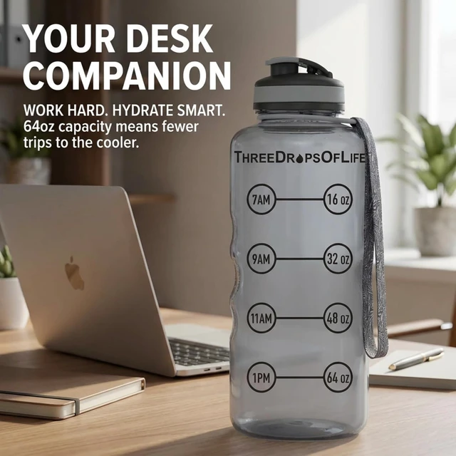 Alt view image 3 of 7 - Three Drops of Life 64oz Tritan Plastic Water Bottle, Large, Smoke Gray, High Capacity Hydration Tracker, BPA Free, Reusable, Best for Indoor, Outdoor, Sports Use