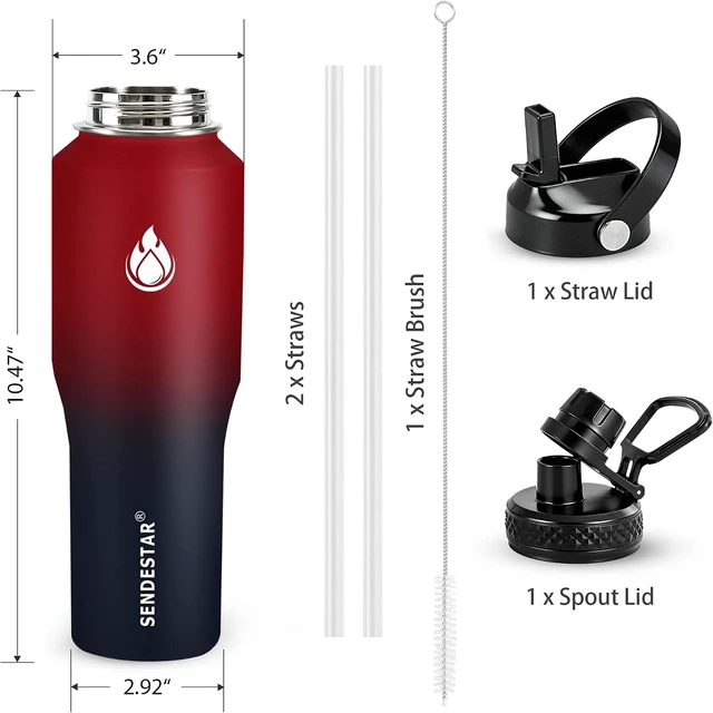 Alt view image 4 of 7 - SENDESTAR 32oz Water Bottle Wide Mouth Stainless Steel Vacuum Insulated Double Wall with 2 Straw Lids Fit in Any Car Cup Holder