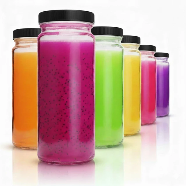 Main image of All About Juicing Clear Glass Water Bottles Set - 6 Pack Wide Mouth with Lids for Juice, Smoothies, Beverage Storage - 16 oz, Durable, Reusable, Dishwasher Safe, Leak Proof (Black Caps)