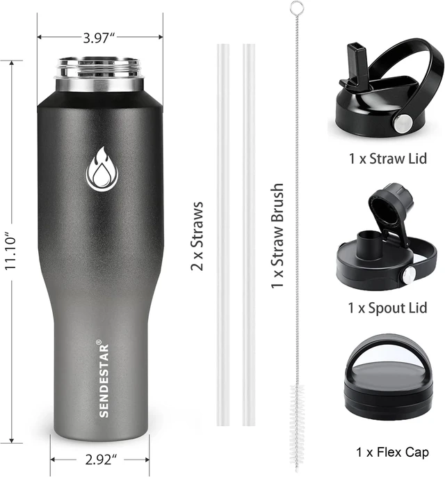 Alt view image 6 of 7 - SENDESTAR 40oz Stainless Steel Water Bottle(Cold for 48 Hrs, Hot for 24 Hrs),Double Wall Vacuum Insulated Bottle with Straw Lid, Spout Lid and Flex Cap, Fit in Any Car Cup HolderGrey-B