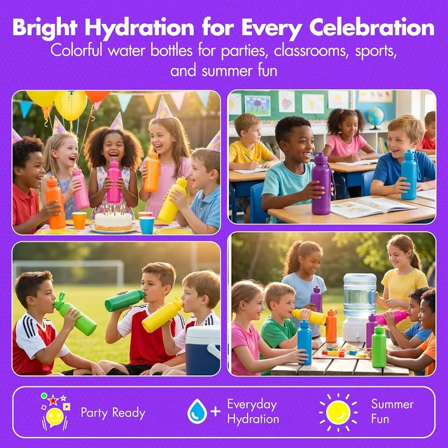 Alt view image 2 of 7 - Bulk Water Bottles for Kids 12 Pack 18 Oz Neon Plastic Water Bottles Bulk