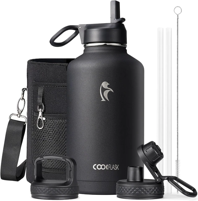 Main image of Coolflask Half Gallon Water Bottle Insulated with Straw & 3 Leakproof Lids