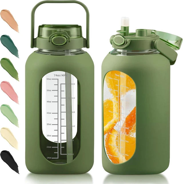 Main image of 74 oz Glass Water Bottle with 2-in-1 Straw Lid Large Gallon Water Bottle with Time Marker & Removable Silicone Sleeve,Wide Mouth BPA-Free Borosilicate Bottle for Gym, Workout & Daily Use