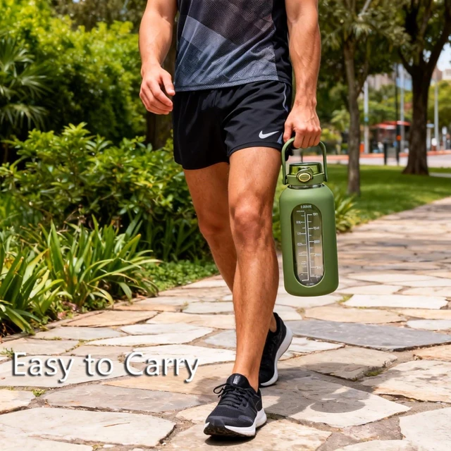 Alt view image 3 of 7 - 74 oz Glass Water Bottle with 2-in-1 Straw Lid Large Gallon Water Bottle with Time Marker & Removable Silicone Sleeve,Wide Mouth BPA-Free Borosilicate Bottle for Gym, Workout & Daily Use