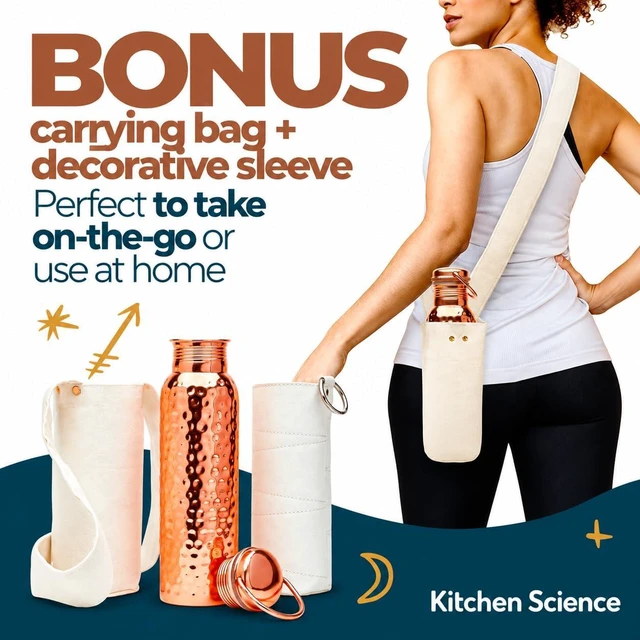 Alt view image 3 of 7 - Kitchen Science - Gift Set Pure Hammered Copper Water Bottle 34 oz With Handle, Canvas Sleeve & Sling