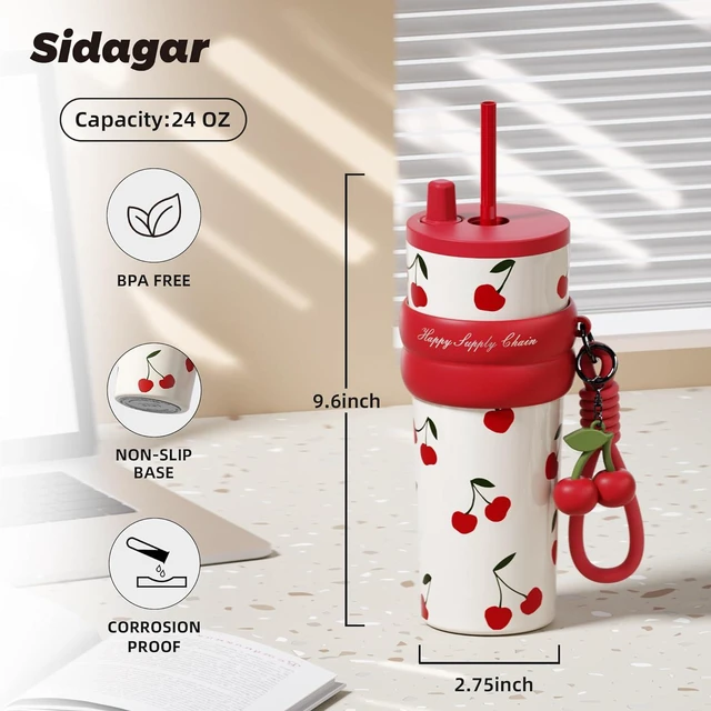 Alt view image 2 of 7 - SDGA+ 24 oz Stainless Steel Tumbler with Lid and Straw, Insulated Water Bottle Leak Proof for Hot and Cold, Portable Travel Coffee Mug, Reusable Coffee Cup for Women, Cherry