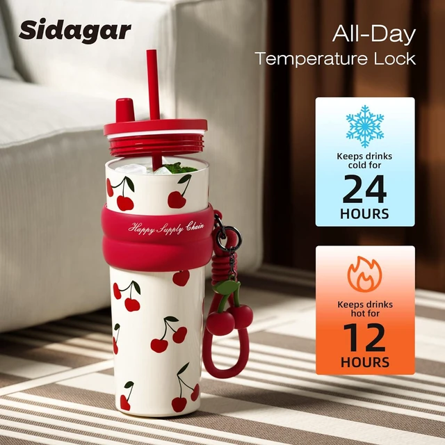 Alt view image 5 of 7 - SDGA+ 24 oz Stainless Steel Tumbler with Lid and Straw, Insulated Water Bottle Leak Proof for Hot and Cold, Portable Travel Coffee Mug, Reusable Coffee Cup for Women, Cherry