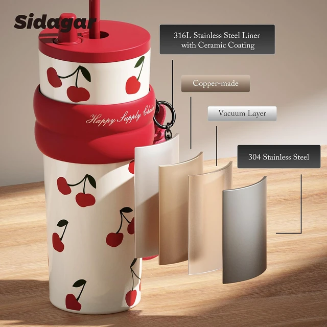 Alt view image 7 of 7 - SDGA+ 24 oz Stainless Steel Tumbler with Lid and Straw, Insulated Water Bottle Leak Proof for Hot and Cold, Portable Travel Coffee Mug, Reusable Coffee Cup for Women, Cherry