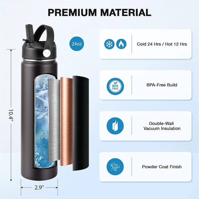 Alt view image 2 of 6 - SENDESTAR Insulated Water Bottle 24 OZ, Wide Mouth 24 oz Water Bottle with Straw Lid, Spout Lid, Double Wall Vacuum Stainless Steel Leak Proof, Keeps Liquids Hot or Cold (Black)