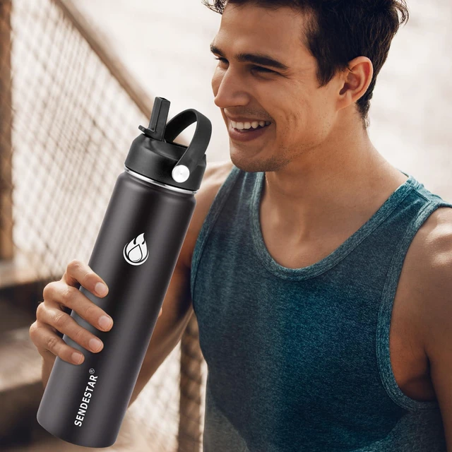 Alt view image 4 of 6 - SENDESTAR Insulated Water Bottle 24 OZ, Wide Mouth 24 oz Water Bottle with Straw Lid, Spout Lid, Double Wall Vacuum Stainless Steel Leak Proof, Keeps Liquids Hot or Cold (Black)