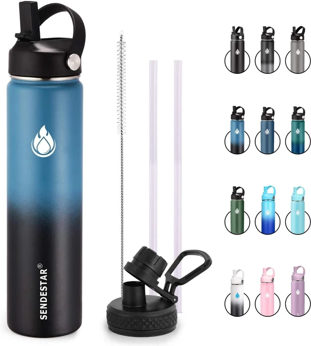Main image of SENDESTAR Insulated Water Bottle 24 oz, Double Wall Vacuum Leak Proof Stainless Steel Sports Water BottleWide Mouth with New Flex Straw Lid & Spout Lid (Deep Blue&Black)