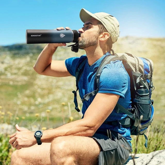 Alt view image 5 of 7 - SENDESTAR Insulated Water Bottle 24 oz, Double Wall Vacuum Leak Proof Stainless Steel Sports Water BottleWide Mouth with New Flex Straw Lid & Spout Lid (Deep Blue&Black)