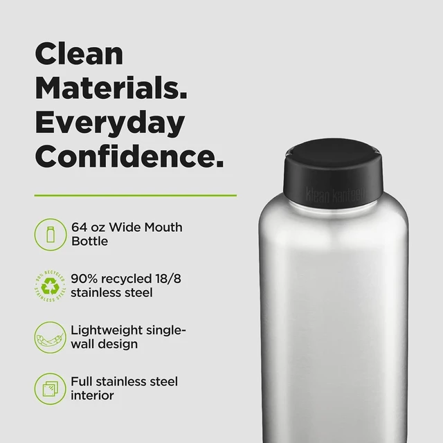 Alt view image 3 of 7 - Klean Kanteen Wide Water Bottle with Loop Cap - Stainless Steel Water Bottle for Daily Hydration & Outdoor Use - Non-Insulated - BPA Free, Dishwasher Safe - Brushed Stainless, 64 oz