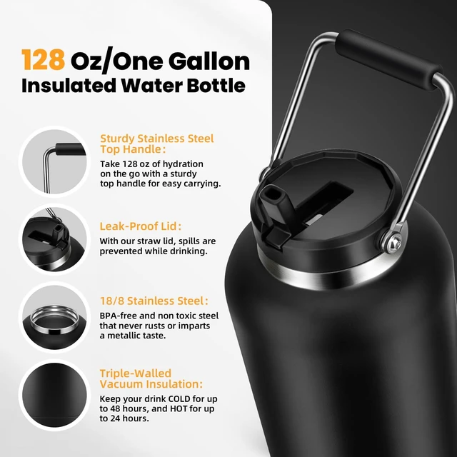 Alt view image 7 of 7 - 1 Gallon Water Jug, 128oz Stainless Steel Large Insulated Bottle