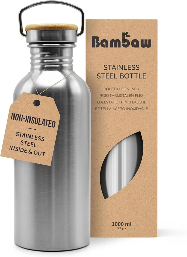 Main image of Bambaw Stainless Steel Water Bottles 32 oz, Non-insulated Single Wall Metal Water Bottle Stainless Steel, Reusable & Eco Friendly, Dishwasher Safe Silver