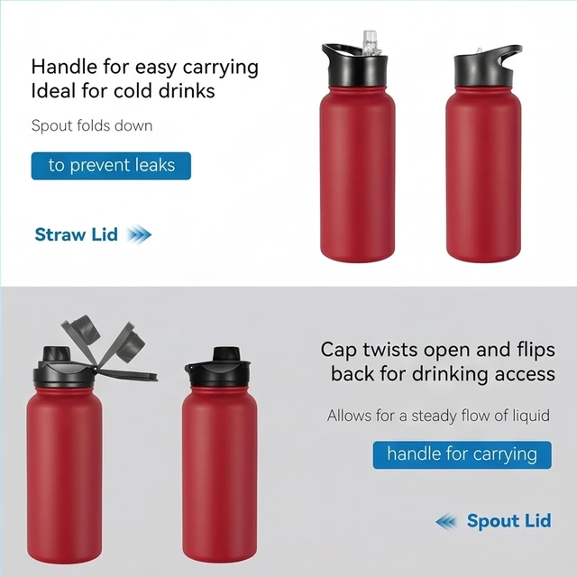 Alt view image 5 of 7 - VEGOND 32 oz Insulated Water Bottle Bulk Stainless Steel Metal Water Bottles with Leak Proof Straw Lid & Spout Lid, Wide Mouth Double Walled Vacuum Travel Sports Bottle, Red 4 Pack