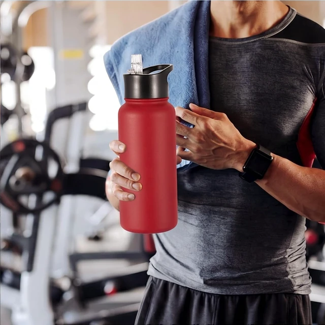 Alt view image 7 of 7 - VEGOND 32 oz Insulated Water Bottle Bulk Stainless Steel Metal Water Bottles with Leak Proof Straw Lid & Spout Lid, Wide Mouth Double Walled Vacuum Travel Sports Bottle, Red 4 Pack