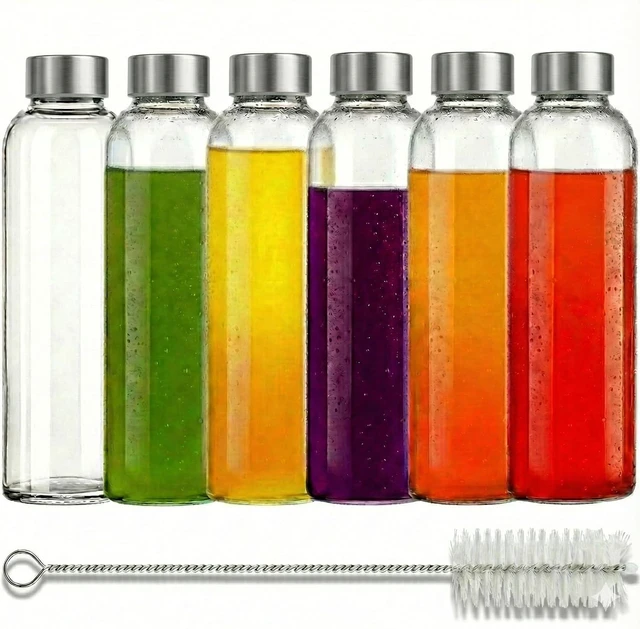 Main image of Brieftons Glass Water Bottles with Lids, 18 oz Set of 6: BPA-Free Soda Lime, Leakproof Stainless Steel Caps, Reusable Juice, Kefir & Kombucha Bottles for Juicing, Fermentation & Everyday Drinking