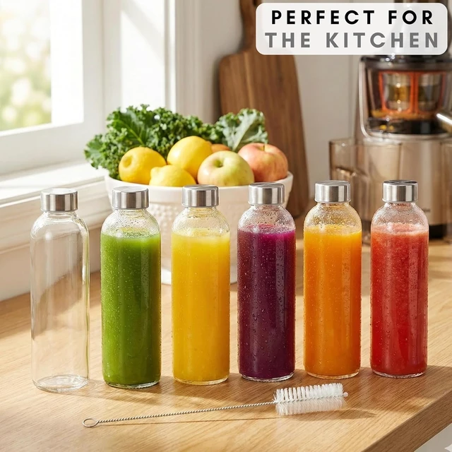 Alt view image 3 of 7 - Brieftons Glass Water Bottles with Lids, 18 oz Set of 6: BPA-Free Soda Lime, Leakproof Stainless Steel Caps, Reusable Juice, Kefir & Kombucha Bottles for Juicing, Fermentation & Everyday Drinking