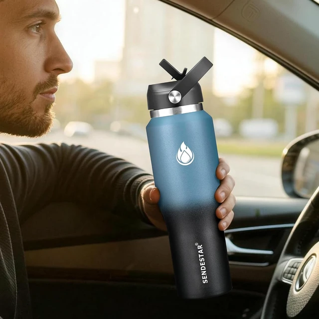 Alt view image 6 of 7 - SENDESTAR 40oz Stainless Steel Water Bottle(Cold for 48 Hrs, Hot for 24 Hrs),Double Wall Vacuum Insulated Bottle with Straw Lid, Spout Lid and Flex Cap, Fit in Any Car Cup HolderCyanotic B