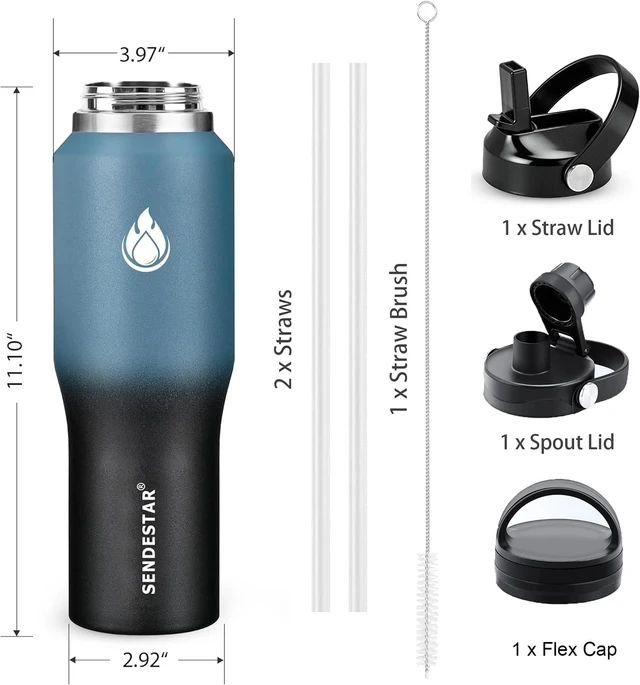 Alt view image 7 of 7 - SENDESTAR 40oz Stainless Steel Water Bottle(Cold for 48 Hrs, Hot for 24 Hrs),Double Wall Vacuum Insulated Bottle with Straw Lid, Spout Lid and Flex Cap, Fit in Any Car Cup HolderCyanotic B