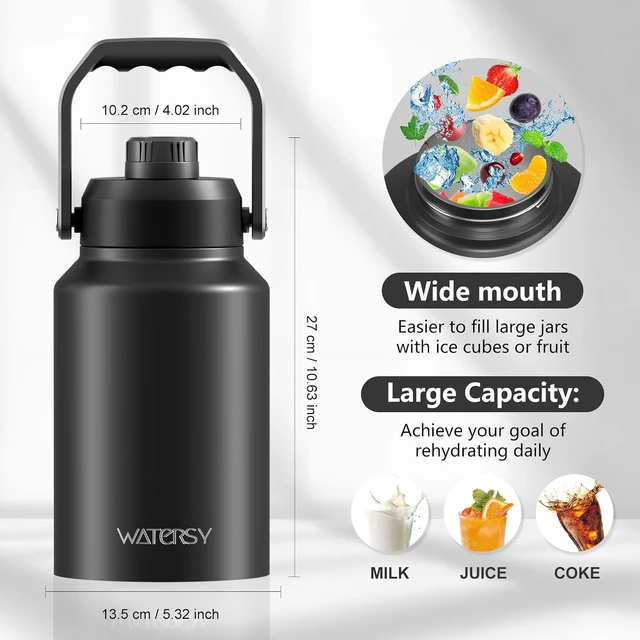 Alt view image 4 of 7 - WATERSY Half Gallon Water Bottle Insulated(Cold for 48 Hrs),BPA Free&Leak Proof,64oz Stainless Steel Water Jug/Flask,Big thermo,Large Water Bottle with Handle for Gym,Hiking,Camping,Black