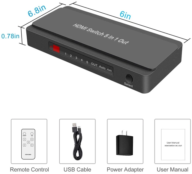 Alt view image 6 of 6 - LVY HDMI Switch, 5 in-1 Out HDMI Selector Box with IR Remote Control Support 4k * 2k Ultra HD and 3D with IR Remote HDCP 1.4 for Xbox, PS4/PS5, Fire Stick, Roku, Apple TV, Blu-ray Player etc.