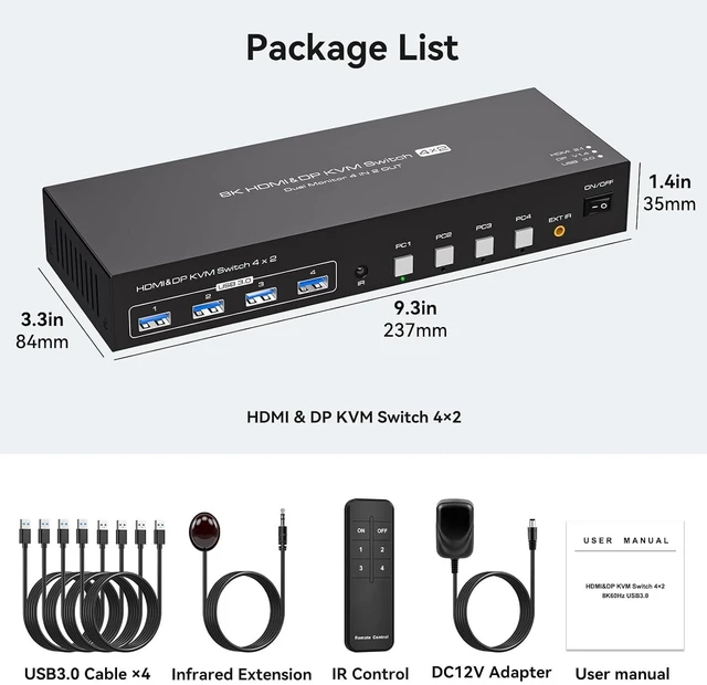 Alt view image 2 of 6 - HDMI Displayport KVM Switch 4 Computers 2 Monitors 8K 60Hz 4K 120Hz 4 Port Dual Monitor KVM Switches for 4PC Share Four USB Device Support Copy and Extend Mode Includes Some Accessories