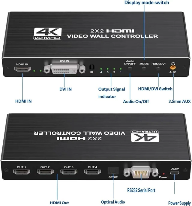 Alt view image 2 of 7 - 2x2 4k Video Wall Controller, Transform 4 TV Screens into a Single Wall Display with HDMI & DVI 4K Input, 180° Rotation, Audio Output, IR Remote/RS232/Button Press Control