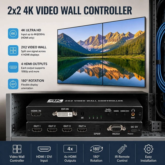Alt view image 4 of 7 - 2x2 4k Video Wall Controller, Transform 4 TV Screens into a Single Wall Display with HDMI & DVI 4K Input, 180° Rotation, Audio Output, IR Remote/RS232/Button Press Control