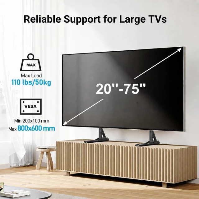 Alt view image 2 of 6 - PERLESMITH Universal TV Stand Mount for 20-75 Inch TVs, Height Adjustable Table Top TV Stand, Great Load-Bearing Replacement TV Legs with Steel Holds up to 110lbs, Max VESA 800 x 600mm PSTVS01