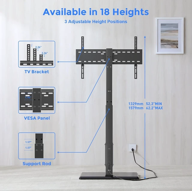 Alt view image 5 of 7 - Floor TV Stand with Power Outlet for 32-75 Inch TVs, 110 lbs Capacity