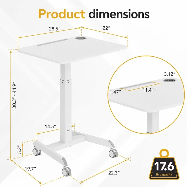 Alt view image 3 of 7 - Mount-It! Laptop Cart Rolling Desk Adjustable Height with 28.5" x 22" Tabletop, Ergonomic Sit-Stand Workstation on Wheels Portable for Home Office, Dorm, Classroom, White