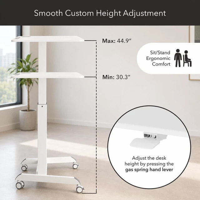 Alt view image 6 of 7 - Mount-It! Laptop Cart Rolling Desk Adjustable Height with 28.5" x 22" Tabletop, Ergonomic Sit-Stand Workstation on Wheels Portable for Home Office, Dorm, Classroom, White