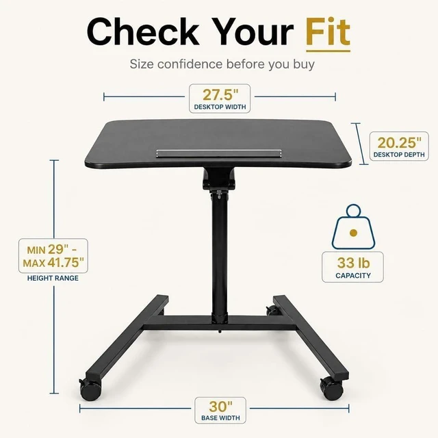 Alt view image 3 of 7 - Mount-It! Mobile Standing Desk with Wheels, Gas Spring, 27x20 in, 33 lb Cap