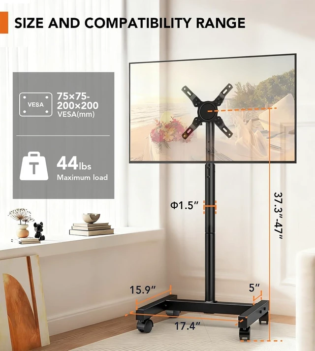 Alt view image 5 of 5 - Mobile TV Floor Stand for 13-50 inch LCD LED Flat/Curved Panel Screen TVs up to 44 lbs, Height Adjustable TV Stand Mount with VESA 200x200, Portable TV Stand with Tilt Function HT1007BM