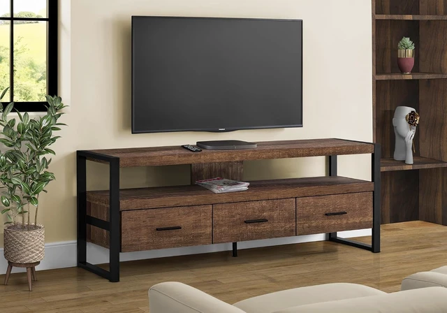 Alt view image 2 of 3 - Monarch Specialties TV Stand-Console with 3 Drawers and Shelves-Industrial Modern Style Entertainment Center with Metal Legs, 60" L, Brown Reclaimed Wood Look