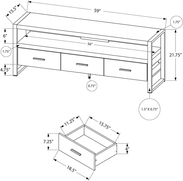 Alt view image 3 of 3 - Monarch Specialties TV Stand-Console with 3 Drawers and Shelves-Industrial Modern Style Entertainment Center with Metal Legs, 60" L, Brown Reclaimed Wood Look