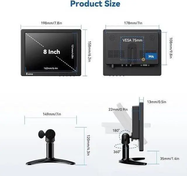 Alt view image 6 of 7 - 8 inch Monitor Portable Small HDMI Display Screen,1024x768 w/ Remote Control