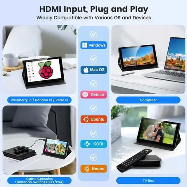 Alt view image 6 of 7 - 7 In Portable Touch Screen Monitor HDMI USB-C for Raspberry Pi/PC/Switch Gaming
