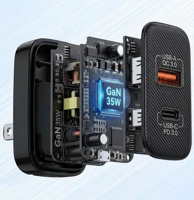 Alt view image 2 of 7 - 35W GaN Fast Wall Charger Block Dual Port USB-C & USB-A PD QC 3.0 Foldable Plug