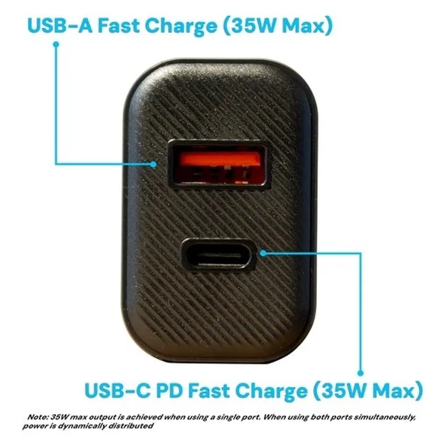 Alt view image 3 of 7 - 35W GaN Fast Wall Charger Block Dual Port USB-C & USB-A PD QC 3.0 Foldable Plug