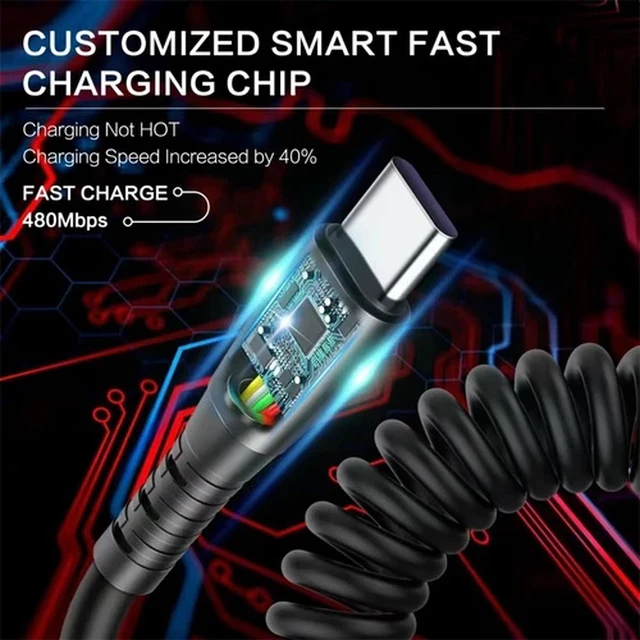 Alt view image 2 of 6 - 66W Spring Coiled Fast Charge Cable for Samsung Galaxy S23/LG-Car Charger Cord
