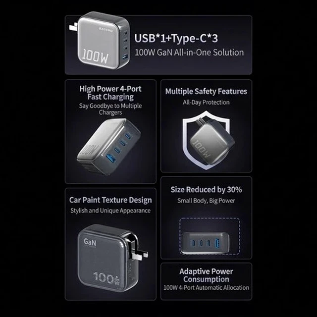 Alt view image 4 of 7 - 100W GaN USB C Charger 4-Port PD 3.1 Fast Wall Charger Adapter Laptop MacBook